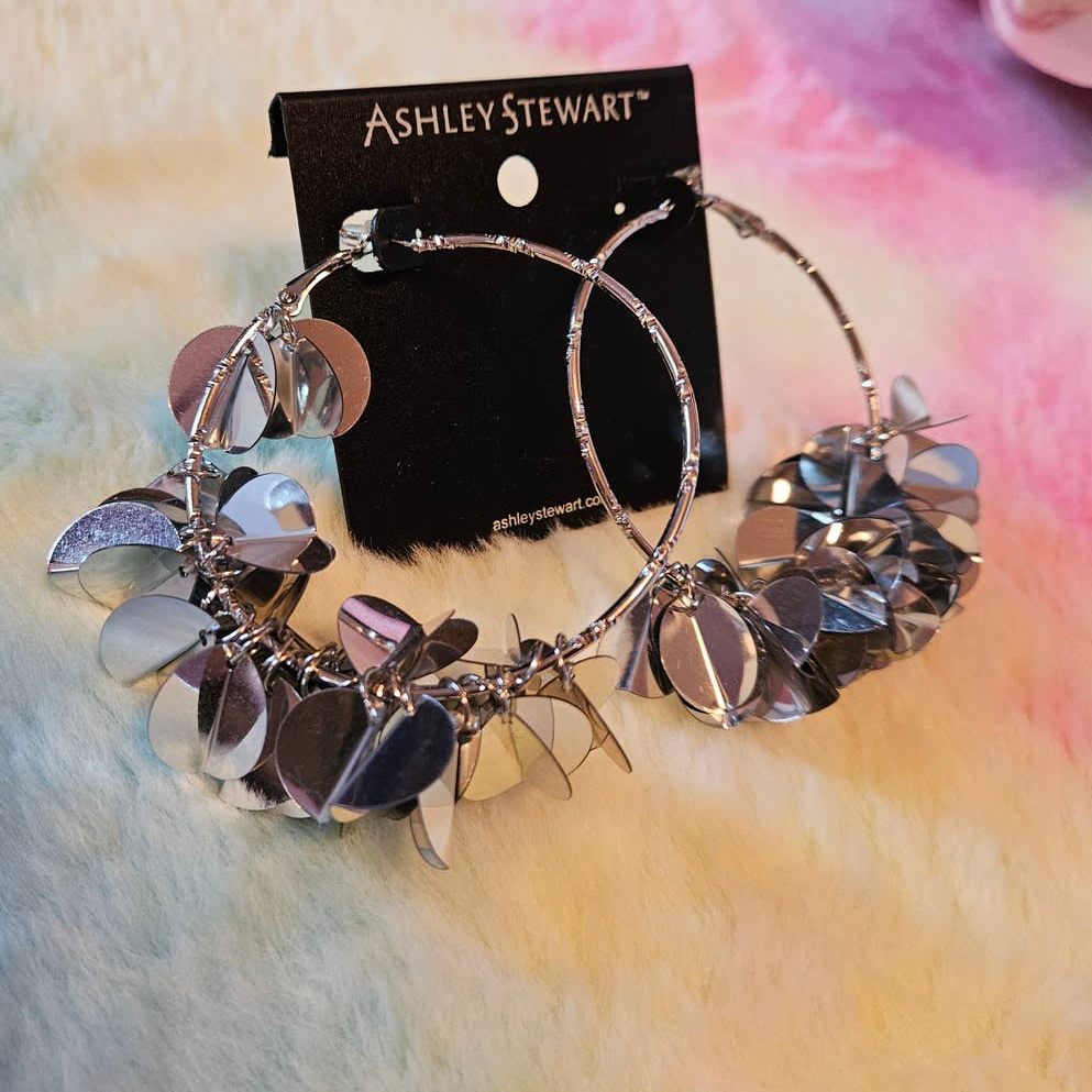 New! Ashley Stewart Silver-Tone Large Disco Drop Hoop Earrings